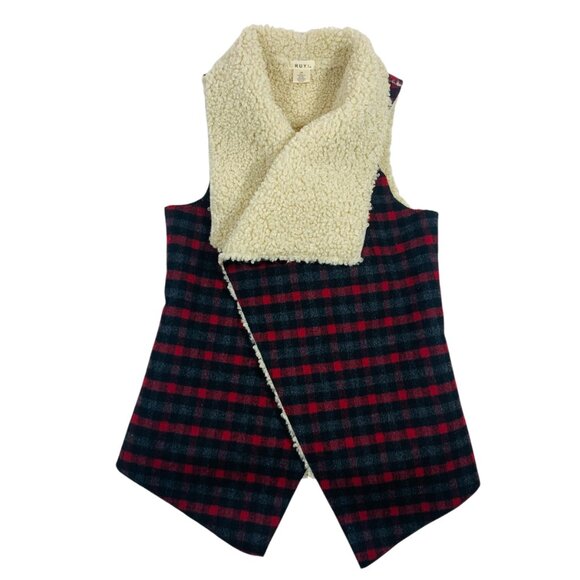RUYI Sherpa Lined Open Front Plaid Vest One Size - Picture 8 of 16